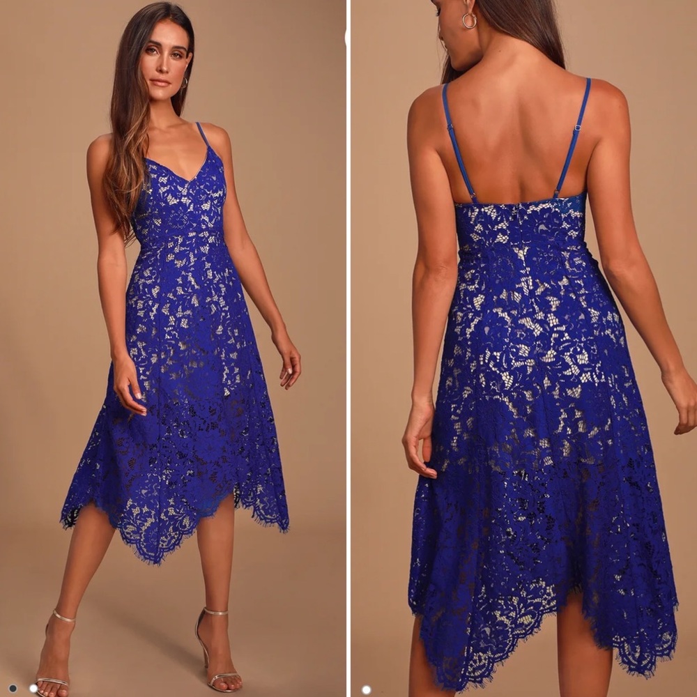 Lulu’s One Wish Royal Blue Lace Midi Dress
